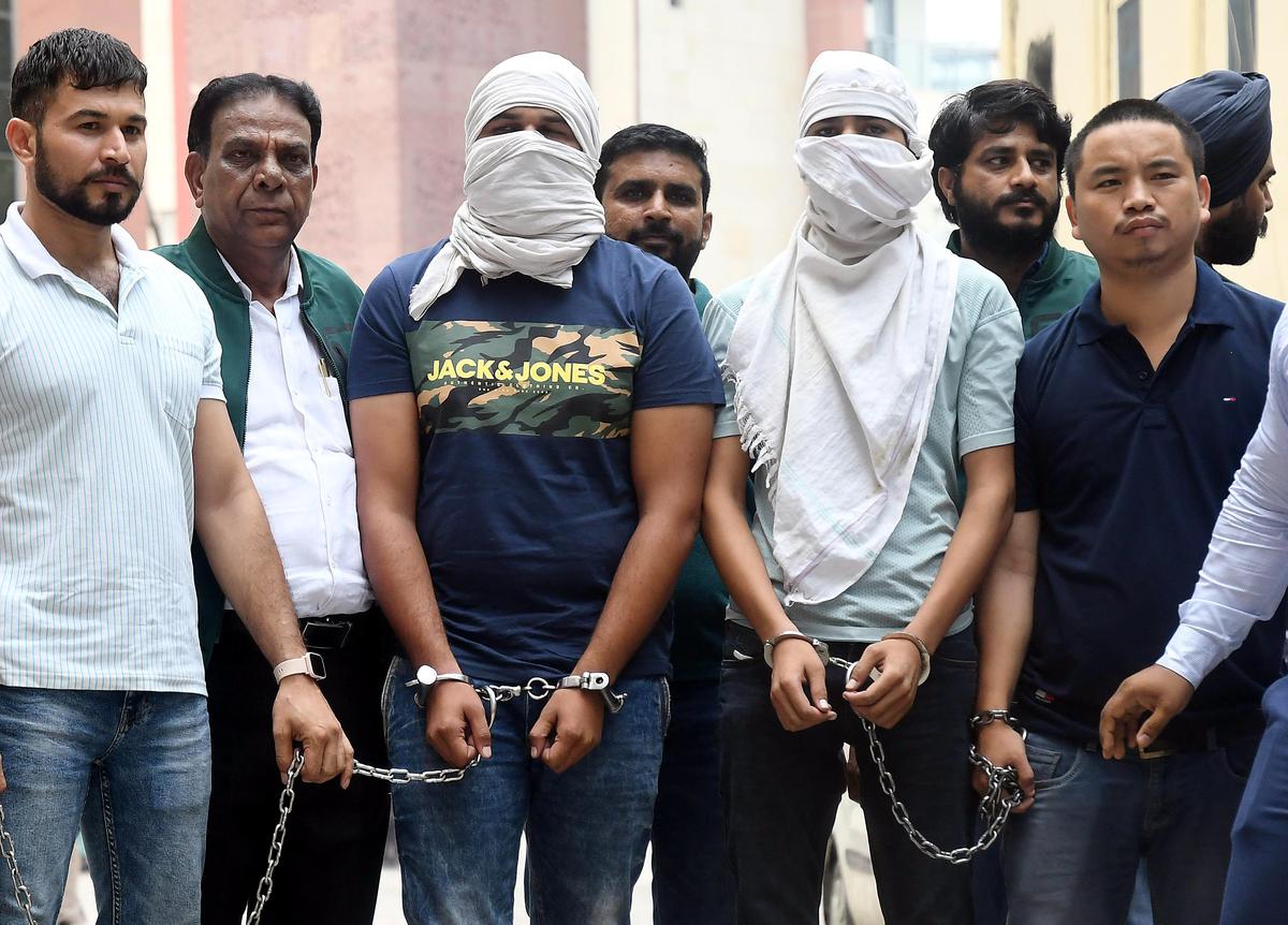 Ankit Sirsa and Sachin Bhiwani, accused in Punjabi singer Sidhu Moosewala’s murder, after being arrested by Delhi Police’s Special Cell. The two wanted criminals belong to the Lawrence Bishnoi and Goldy Brar gang.