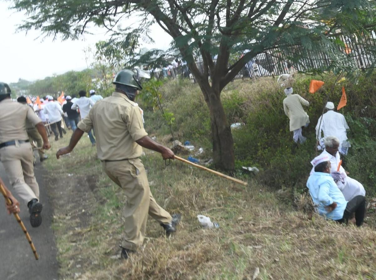 Police resorting to lathi-charge to disperse the crowd that tried to force itself into the Suvarna Soudha during the Panchamasali protest in Belagavi on Tuesday.  