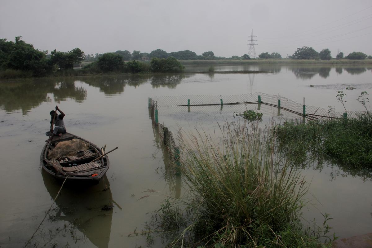A villager rows his boat near a barricaded bathing ghat set up by the forest department to protect villagers from crocodile attacks on the banks of the Pathshala, a tributary of the Brahmani river, in Kendrapara district, Odisha. 