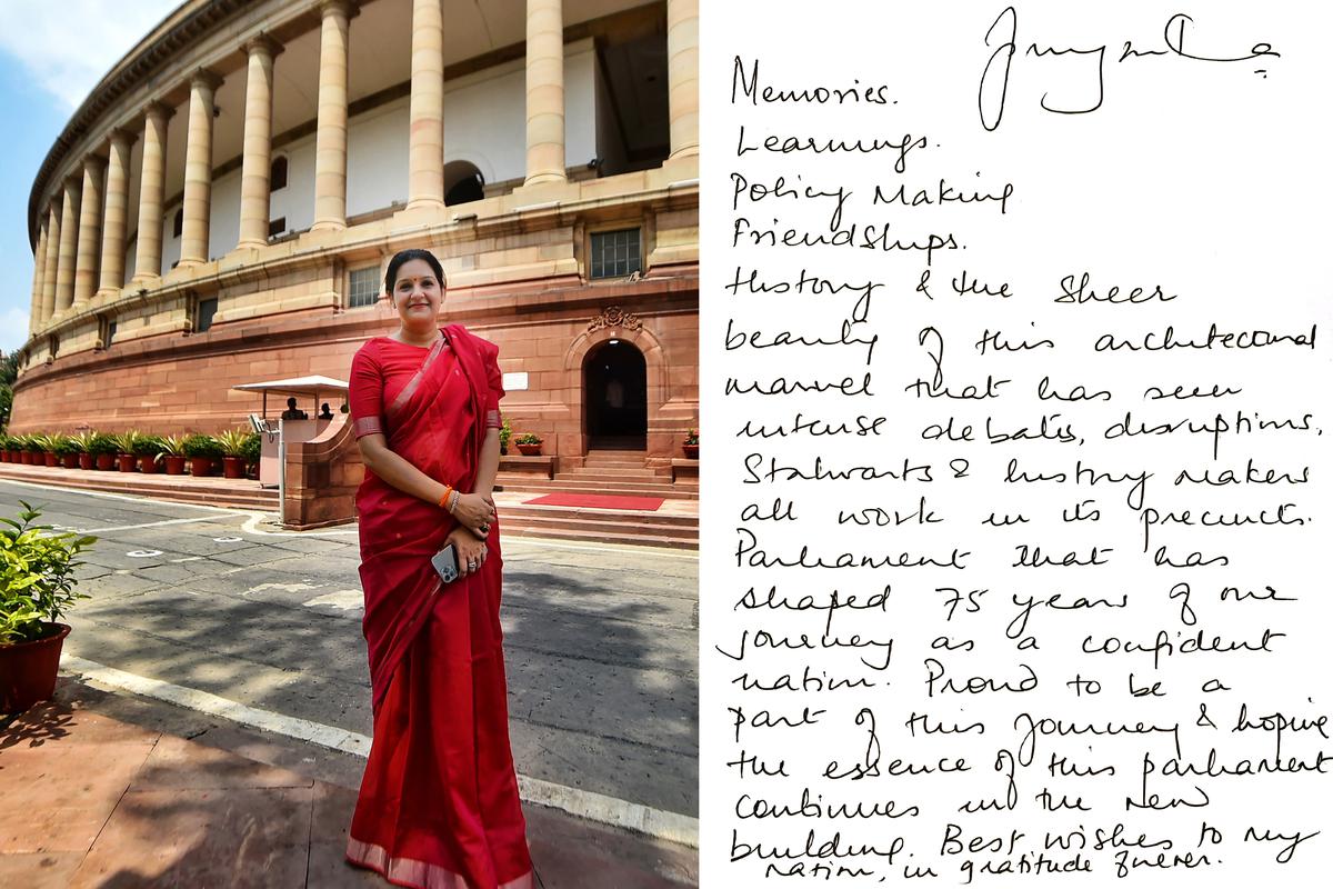 Shiv Sena MP of the Rajya Sabha Priyanka Chaturvedi poses for photograph in front of Gate No.  12 of the old Parliament building during Monsoon session, in New Delhi, Tuesday, Aug 2, 2022. Chaturvedi in a hand-written note (Right) recalls her memories, experiences and learnings)