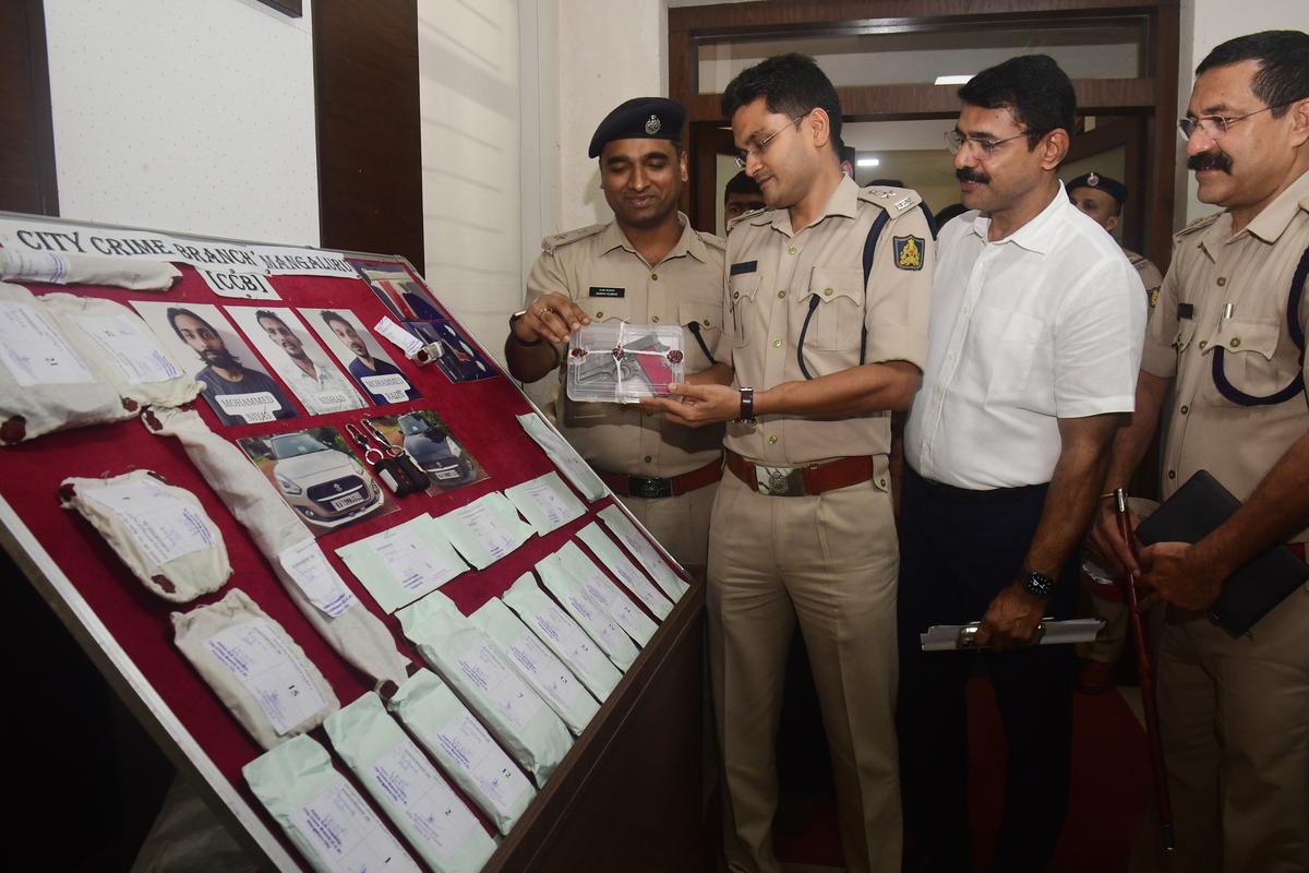 
Commissioner of Police, Kuldeep Kumar R Jain looked at the seized articles (weapons) from drug peddlers during a press conference at Commissioner’s office.