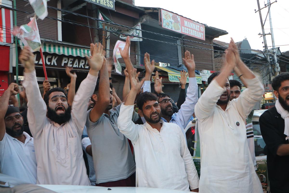 Awami Itihad Party (AIP) supporters celebrate as Delhi’s Patiala House Court on Tuesday approved interim bail for Lok Sabha MP Engineer Rashid, effective until October 2. in Anantnag district south kashmir on September 10, 2024. Photo: Special Arrangement