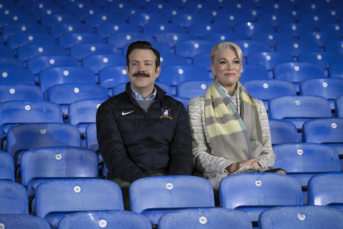 Jason Sudeikis, left, and Hannah Waddingham in a scene from ‘Ted Lasso’