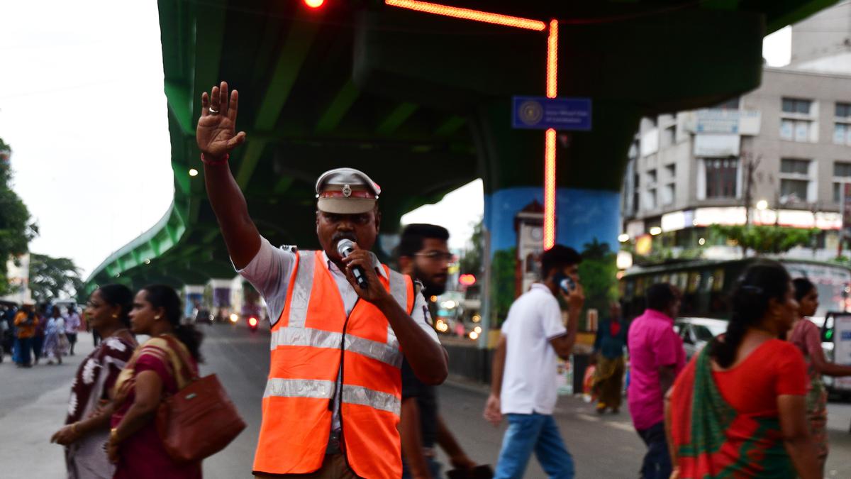 LED pedestrian crossing traffic signal comes up at Gandhipuram in Coimbatore