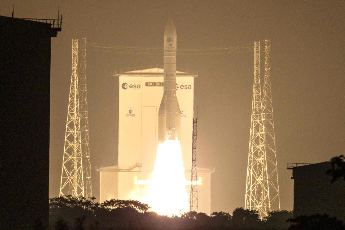 The European Space Agency (ESA) Ariane 6 rocket carrying two Galileo satellites for the the EU’s Global Navigation Satellite System (GNSS) launches at the Guiana Space Centre in Kourou, on the French overseas department of Guiana, on December 17, 2025. 