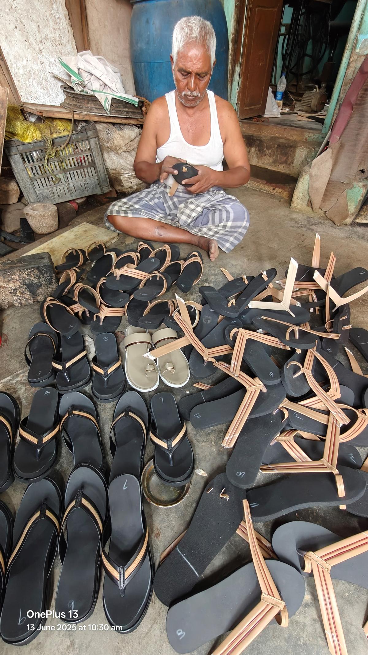 Shoemaker J Murugesh works out of a workshop at his home in Kamarajapuram in Coimbatore, making footwear. He supplies to wholesale shops in the city and has been in the field for 30 years. 