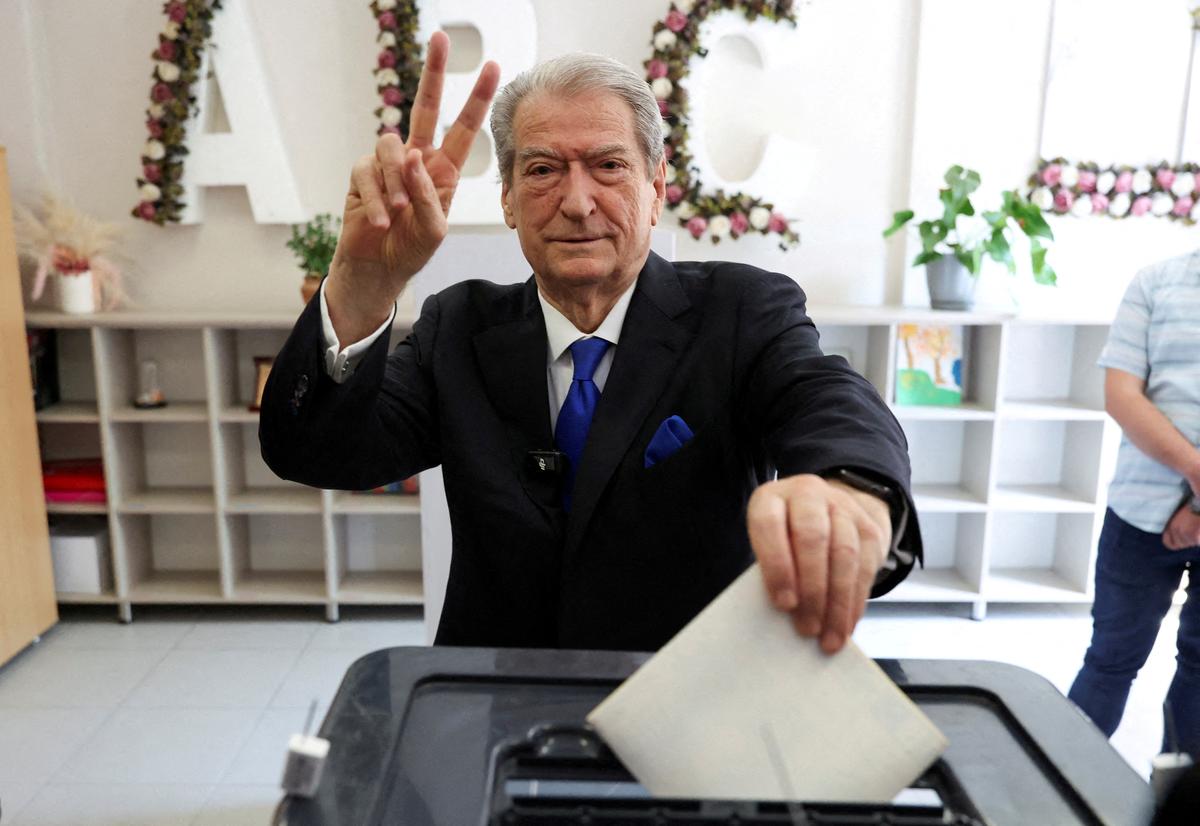 Leader of the Democratic Party Sali Berisha votes during parliamentary election in Tirana, Albania, on May 11, 2025.