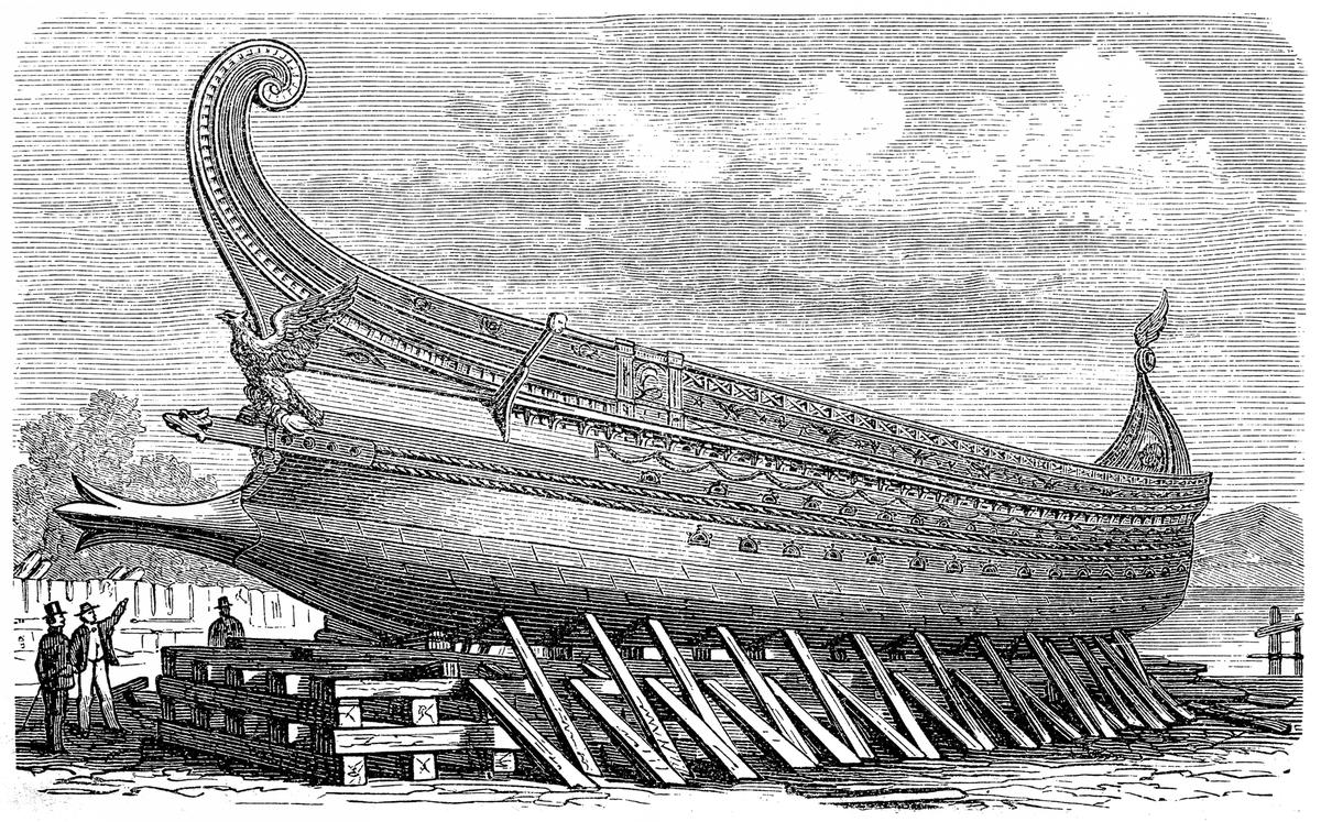 Illustration of a Trireme, an ancient galley by Phoenicians, Greeks and Romans.