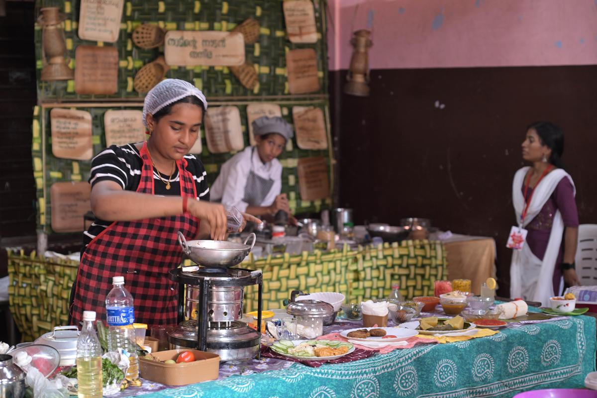Students from various schools preparing nutritious delicacies as well as demonstrating methods of vegetable and fruit preservation at the 57th State School Science Fair at BEMS School, Palakkad, on Sunday.