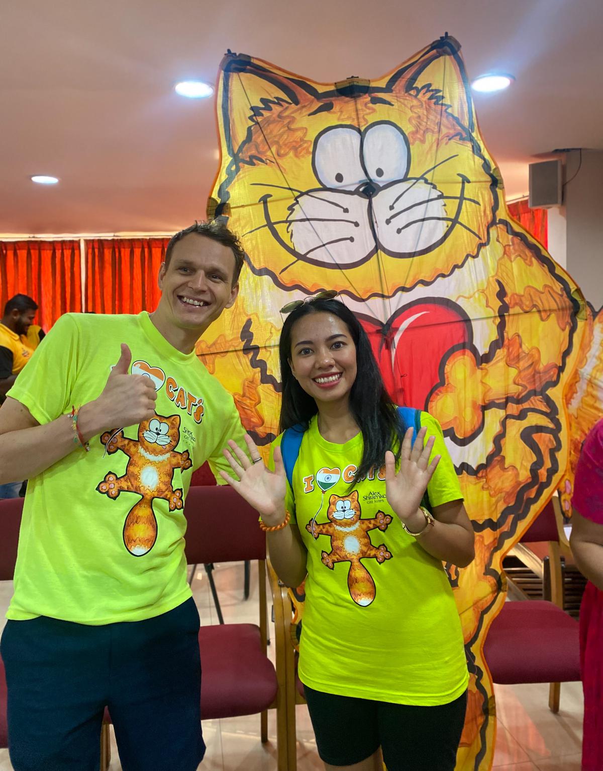 Alex of Ukraine and Nee of Thailand, representing Cat Kites, with the flat cat kite, which will be among 10 kites that the couple will be flying during the ONGC MRPL International Kite Festival in Mangaluru.