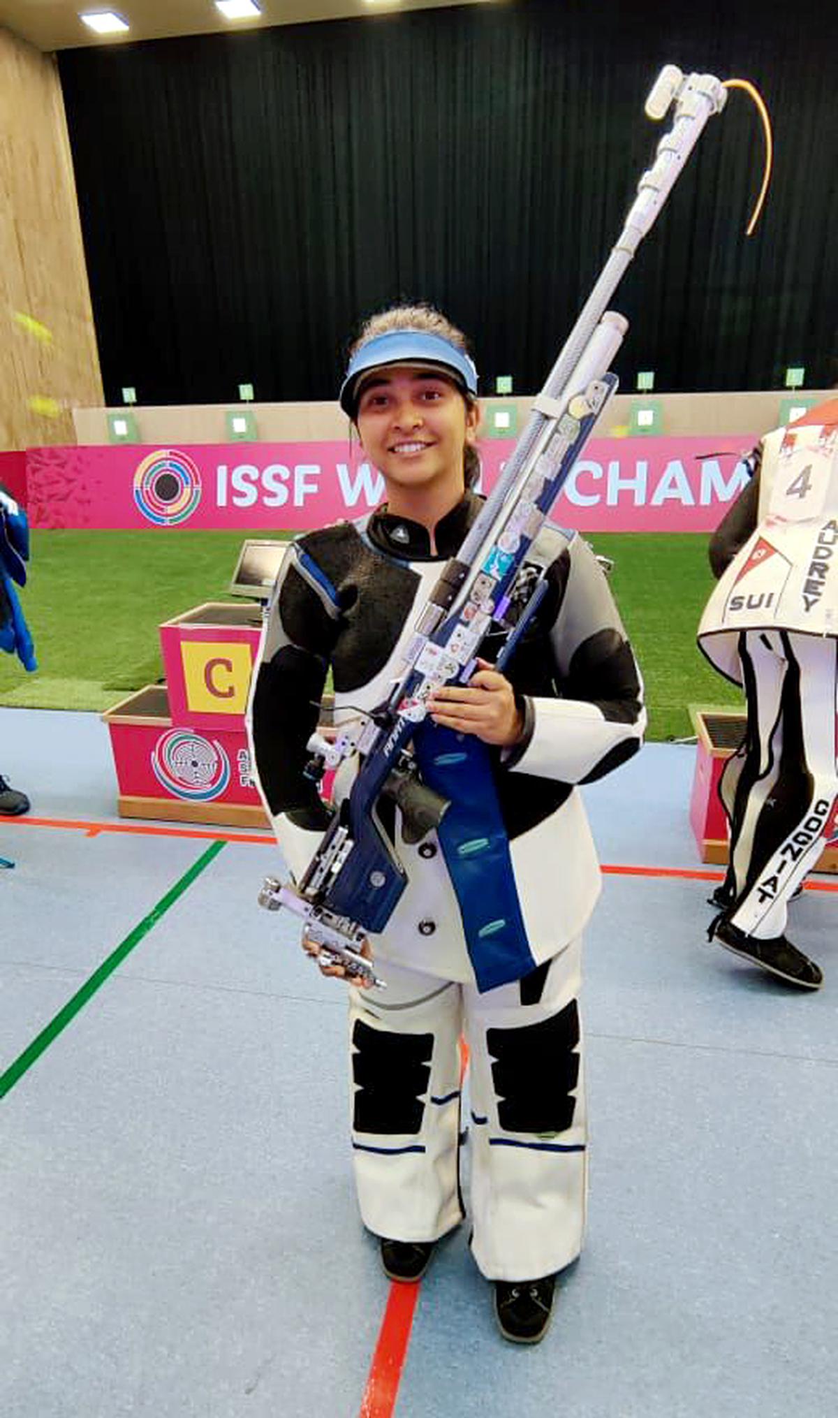 Mehuli Ghosh after winning the women’s 10m air rifle event bronze at the ISSF World Championships, in Baku on Saturday, August 19, 2023.