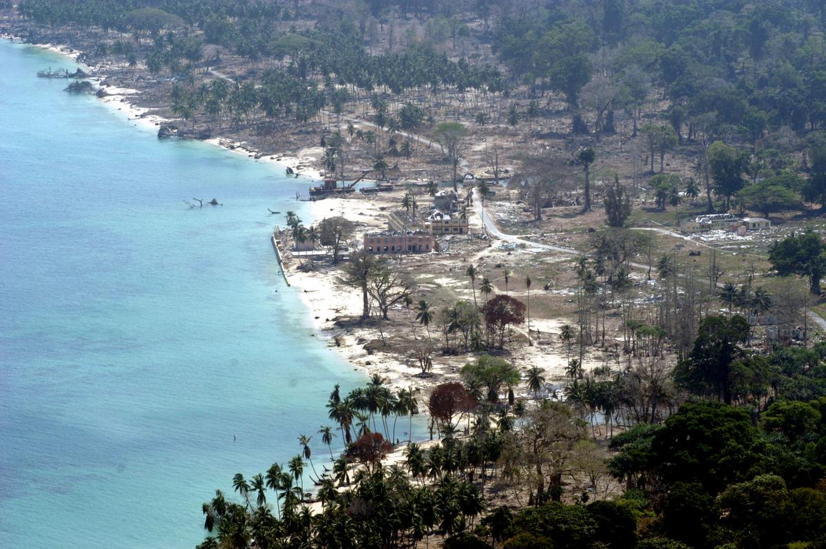 This aerial view shows the coastal devastation that struck Kachal Island, part of the Andaman and Nicobar Islands, in 2005. The island lost about 90% of its population in the December 26, 2004 tragedy.