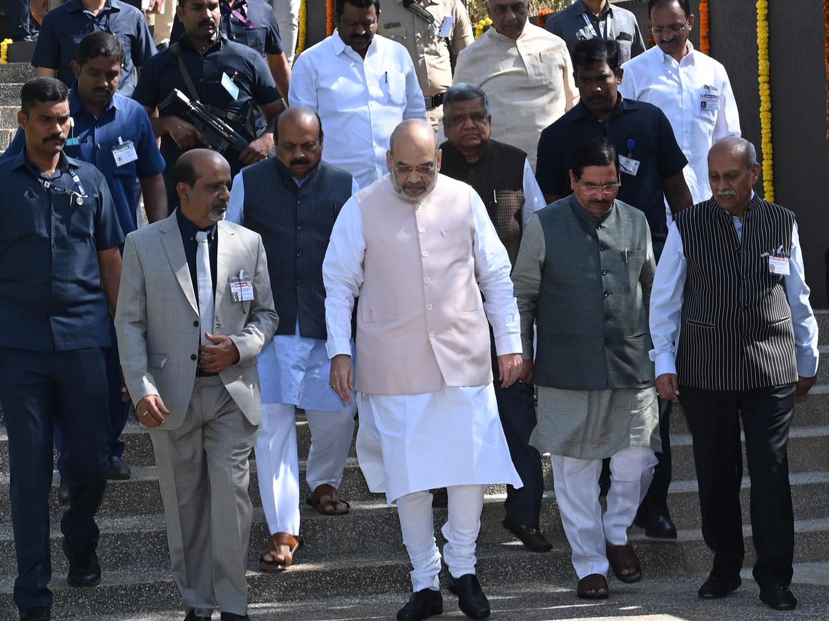 Union Home Minister Amit Shah arrives for the inauguration of a new sports complex built to mark the platinum jubilee celebrations of BV Bhoomraddi College of Engineering and Technology, in Hubballi on January 28, 2023.