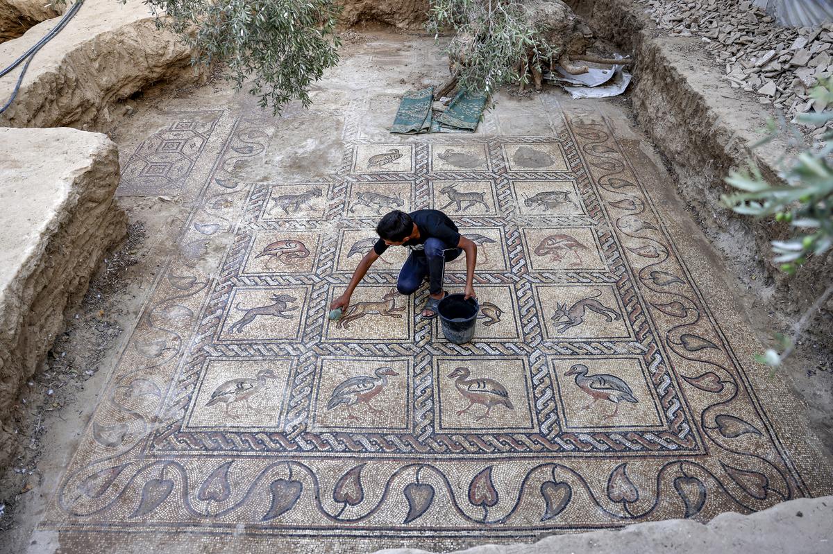 A 2022 photo of Byzantine mosaics dating from the fifth to seventh centuries in Bureij in the central Gaza Strip. A 2022 photo of Byzantine mosaics dating from the fifth to seventh centuries in Bureij in the central Gaza Strip.