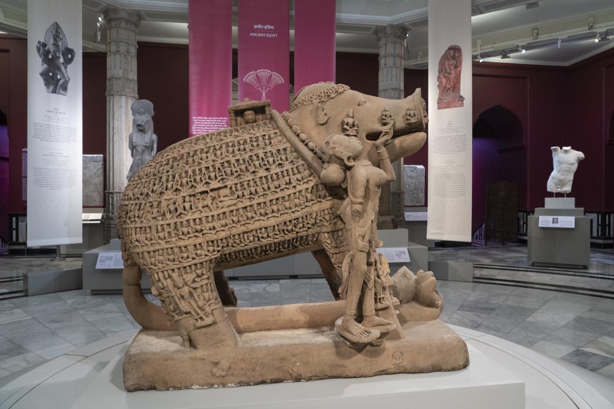 Red sandstone sculpture of Yajna Varaha (900-1099 CE), boar incarnation of Vishnu, from Madhya Pradesh.