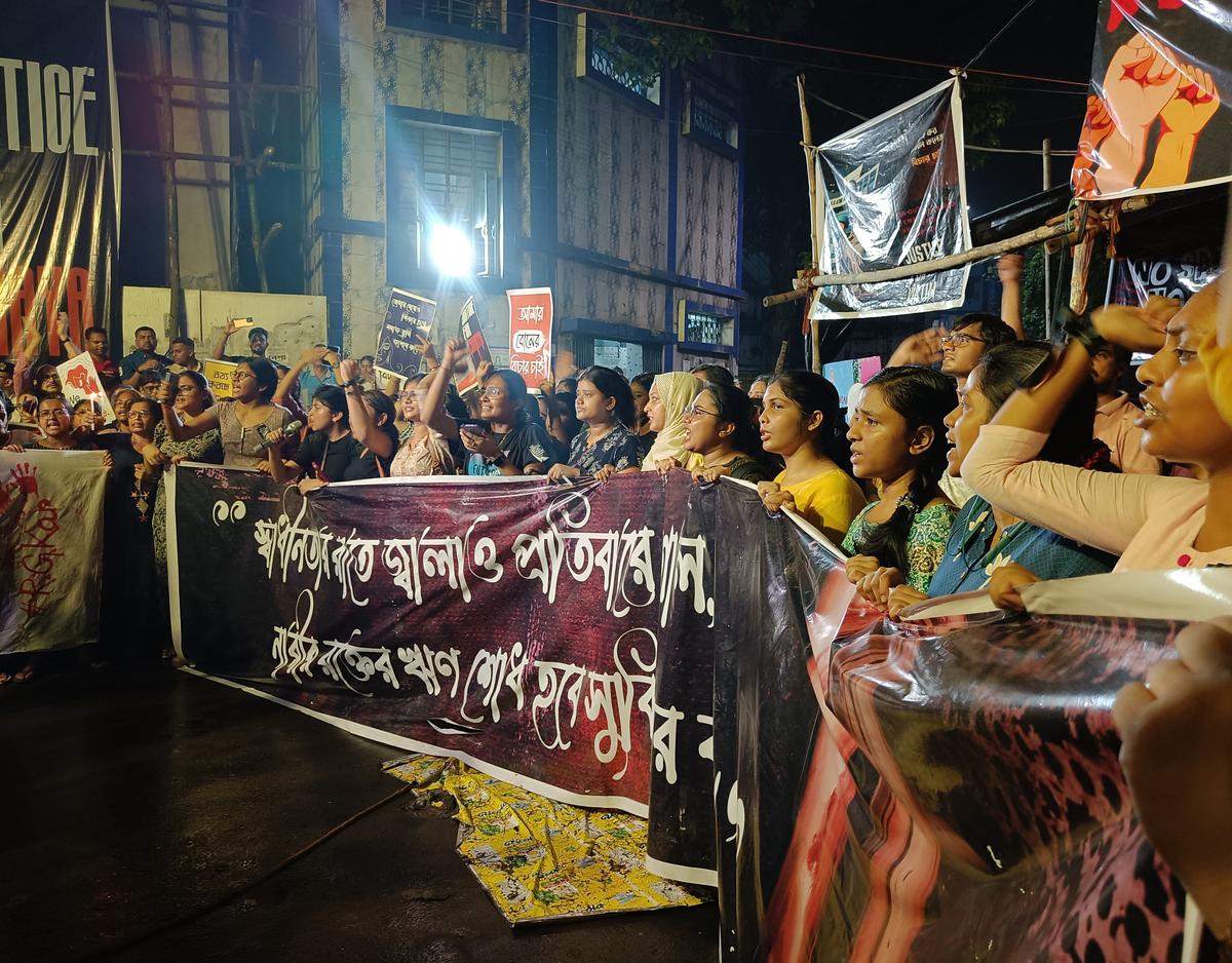 The RG Kar Hospital and College women waiting to take out their “Reclaim the Night” march on August 15 at midnight. Moments before the mob broke in through the barricades. 