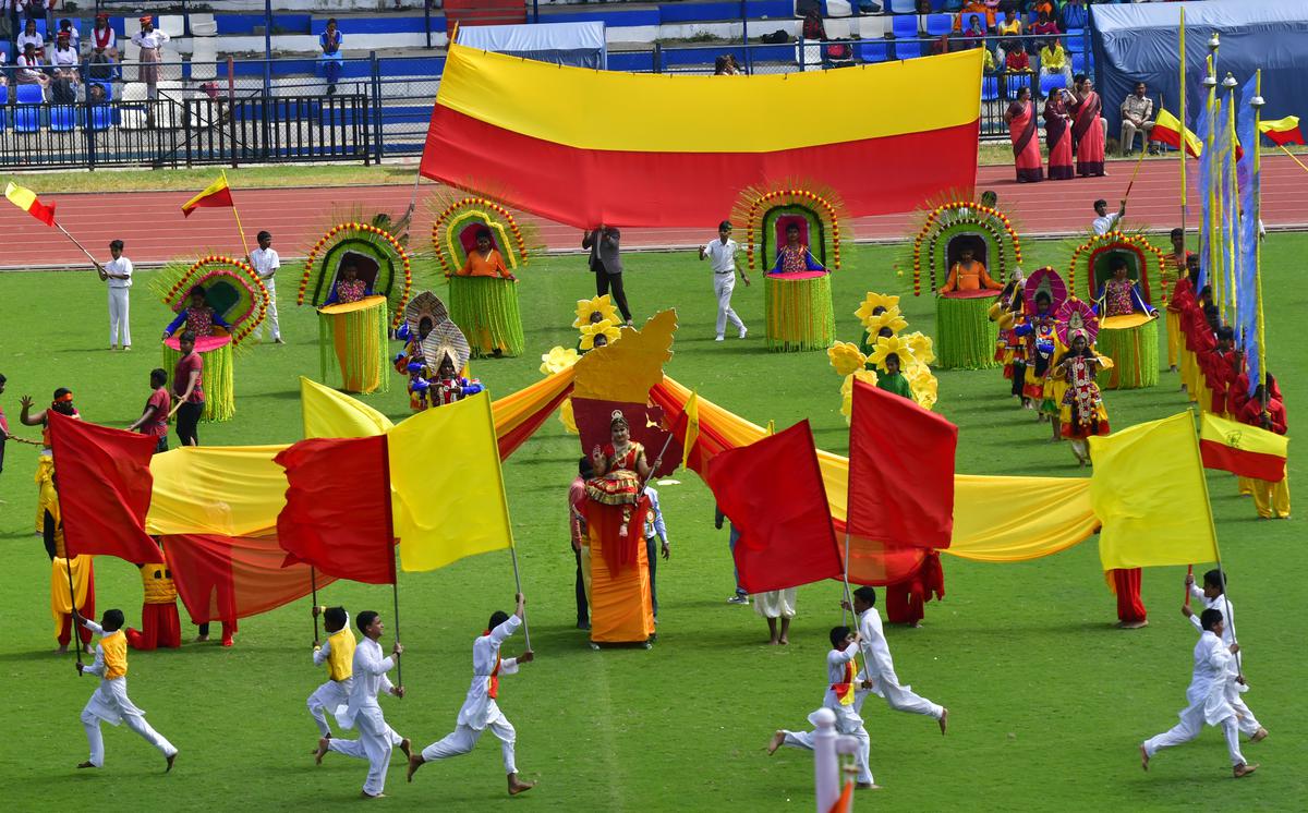 Students take part in the cultural event during the Kannada Rajyotsava celebrations, at the Kanteerava Stadium in Bengaluru on November 01, 2023.