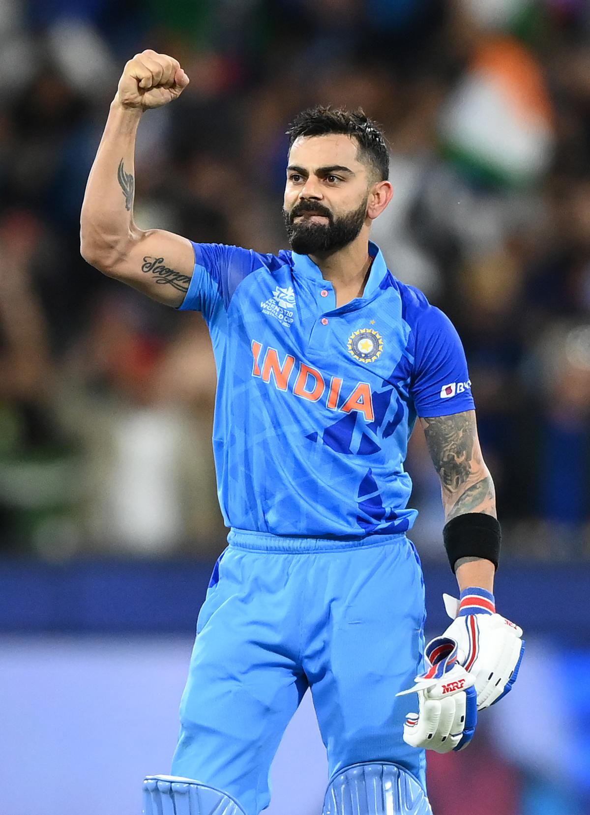 Virat Kohli of India celebrates winning the ICC Men’s T20 World Cup match between India and Pakistan at Melbourne Cricket Ground.