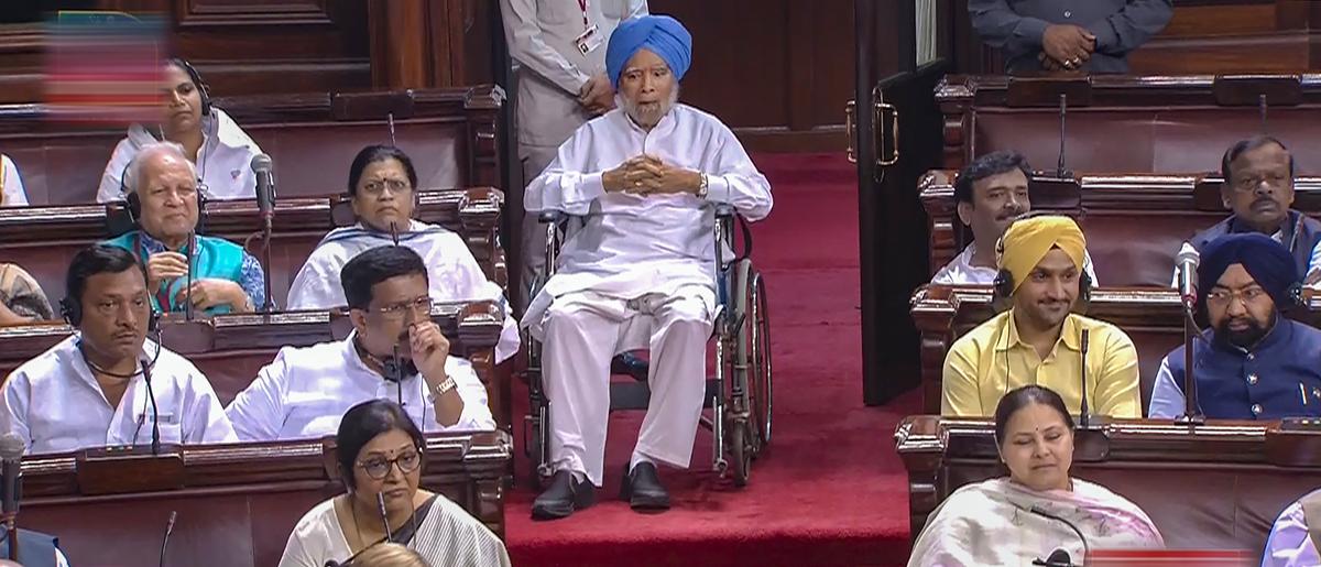 In this Monday, Aug. 7, 2023 file image, former prime minister Manmohan Singh attends proceedings in the Rajya Sabha during the Monsoon session of Parliament, in New Delhi. In this Monday, Aug. 7, 2023 file image, former prime minister Manmohan Singh attends proceedings in the Rajya Sabha during the Monsoon session of Parliament, in New Delhi.
