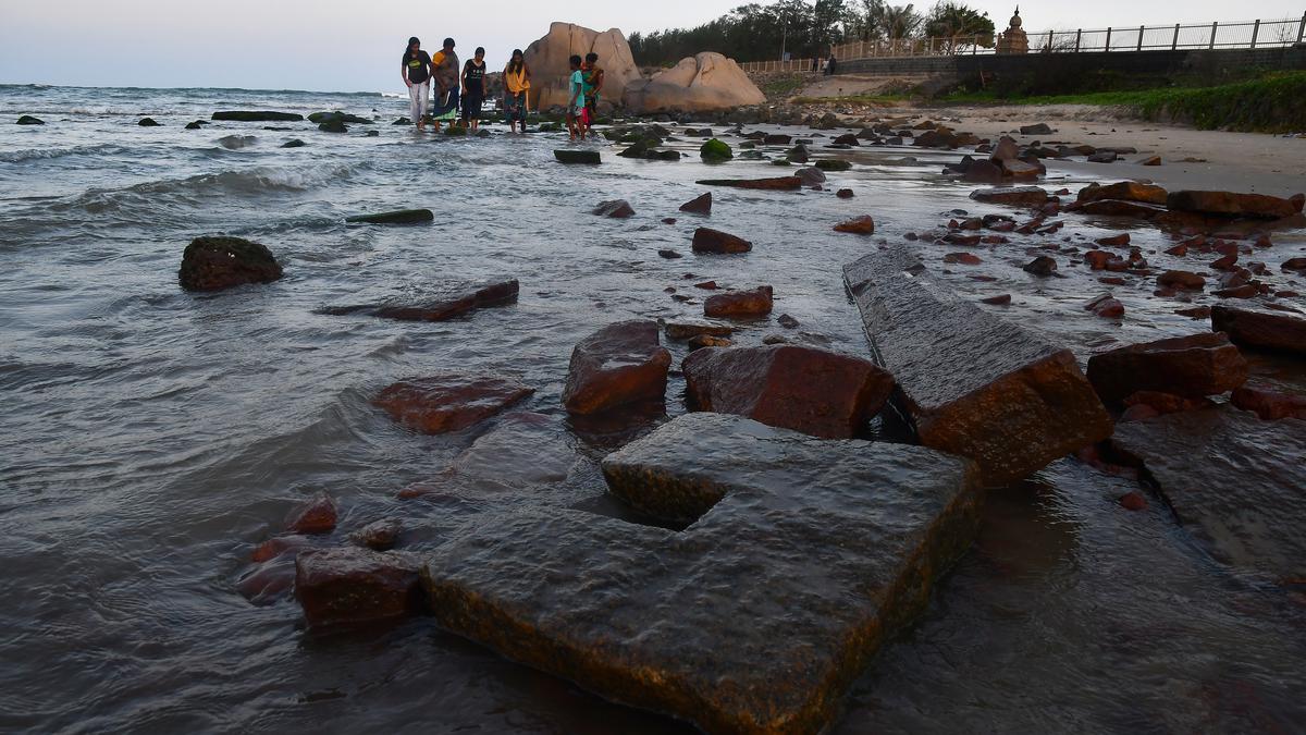 Pallava-style stones exposed on Mamallapuram beach