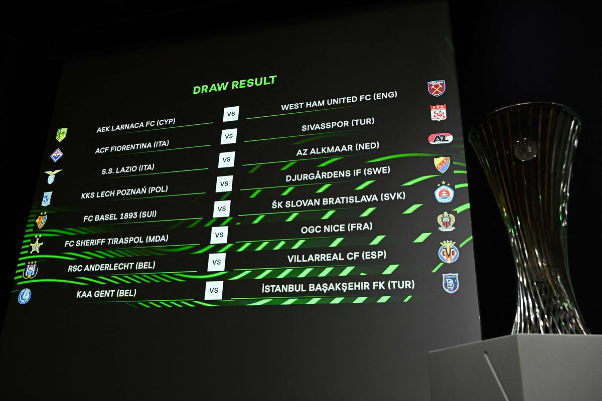 TOPSHOT - This photograph shows the draw result of the UEFA Europa Conference League and the trophy after the draw for the round of 16 of the 2022-2023 UEFA Europa Conference League football tournament in Nyon, on February 24, 2023. (Photo by Fabrice COFFRINI / AFP)