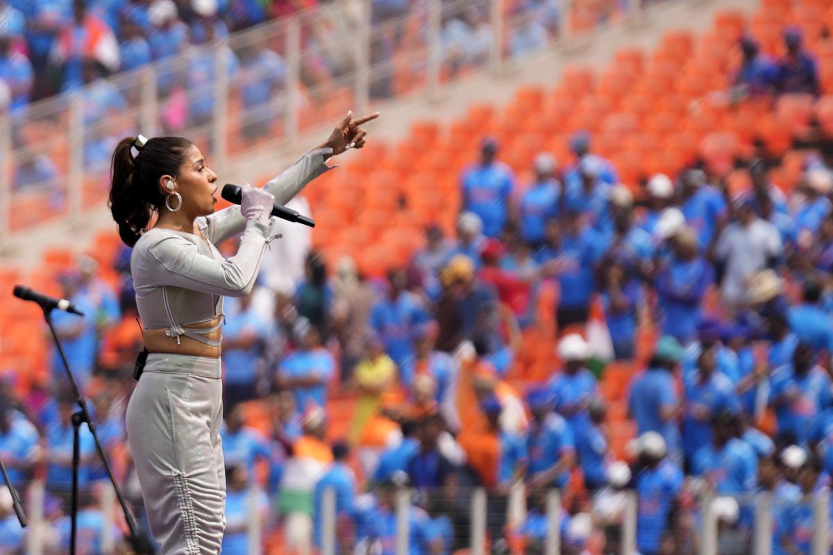 Indian singer Sunidhi Chauhan performs before the start of the ICC Men's Cricket World Cup match between India and Pakistan in Ahmedabad, India, Saturday, Oct. 14, 2023. (AP Photo/Aijaz Rahi)