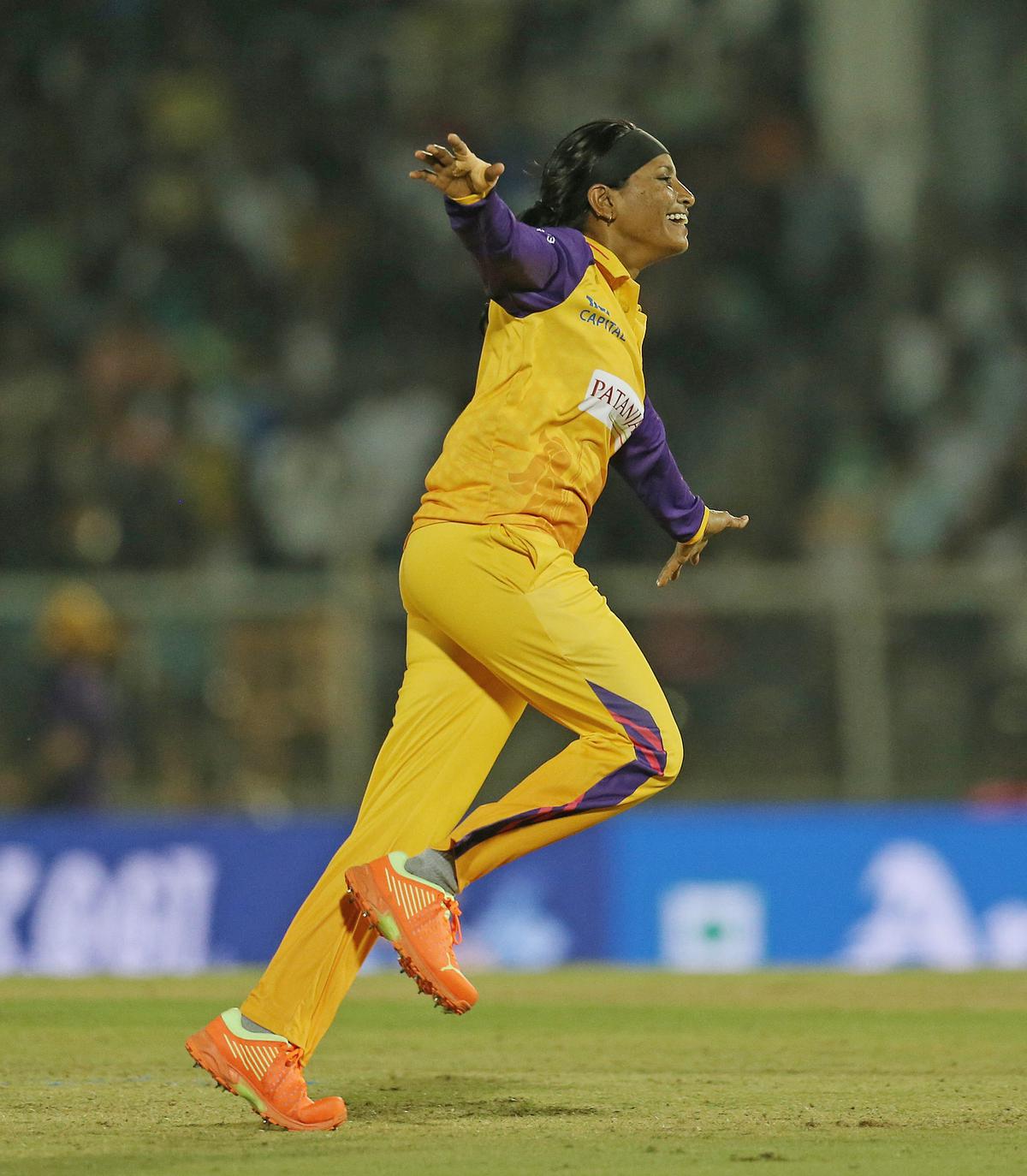 UP Warriorz’s Rajeshwari Gayakwad celebrates a dismissal against Royal Challengers Bangalore Women in the Women’s Premier League, at the Brabourne Stadium, in Mumbai on March 10, 2023.