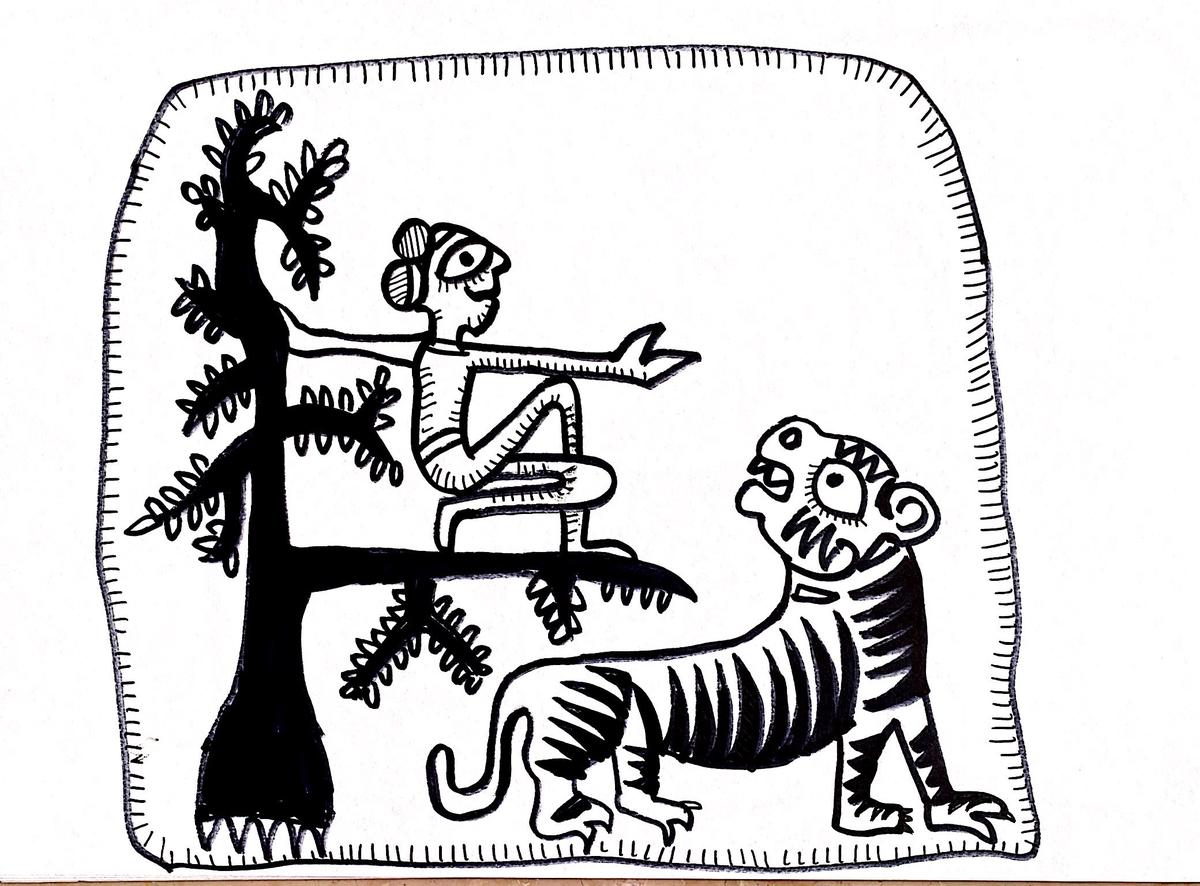 A worshipper is often shown making offerings to a tree or a deity in Harappan art. In this illustration, a worshipper sits in a half-kneeling position calling out to a tiger.