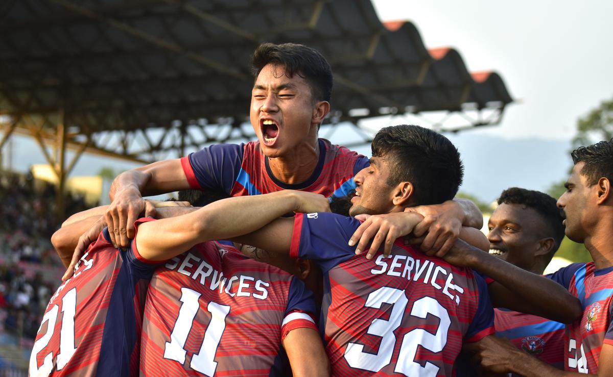 Services players celebrates after entering the final beating Mizoram in the semifinals of the 77th Santosh Trophy football in Yupia in Arunachal Pradesh on Thursday, 07 March 2024.