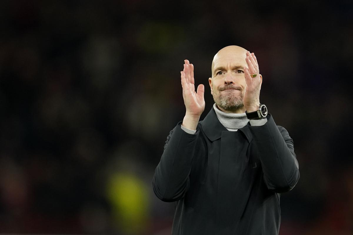 Manchester United’s head coach Erik ten Hag applauds fans at the end of the Europa League playoff second leg soccer match between Manchester United and Barcelona at Old Trafford stadium in Manchester, England on Thursday, February 23, 2023. 