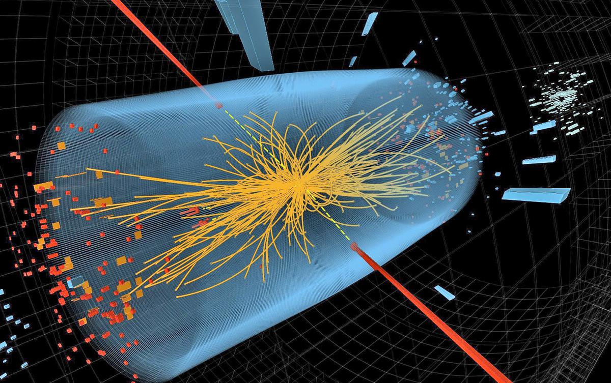 A typical candidate event inside the LHC, ‘seen’ by the CMS detector in which a collision between two beams has produced two high-energy photons (depicted by red towers) and other particles (yellow lines). The pale blue volume depicts the detector volume.