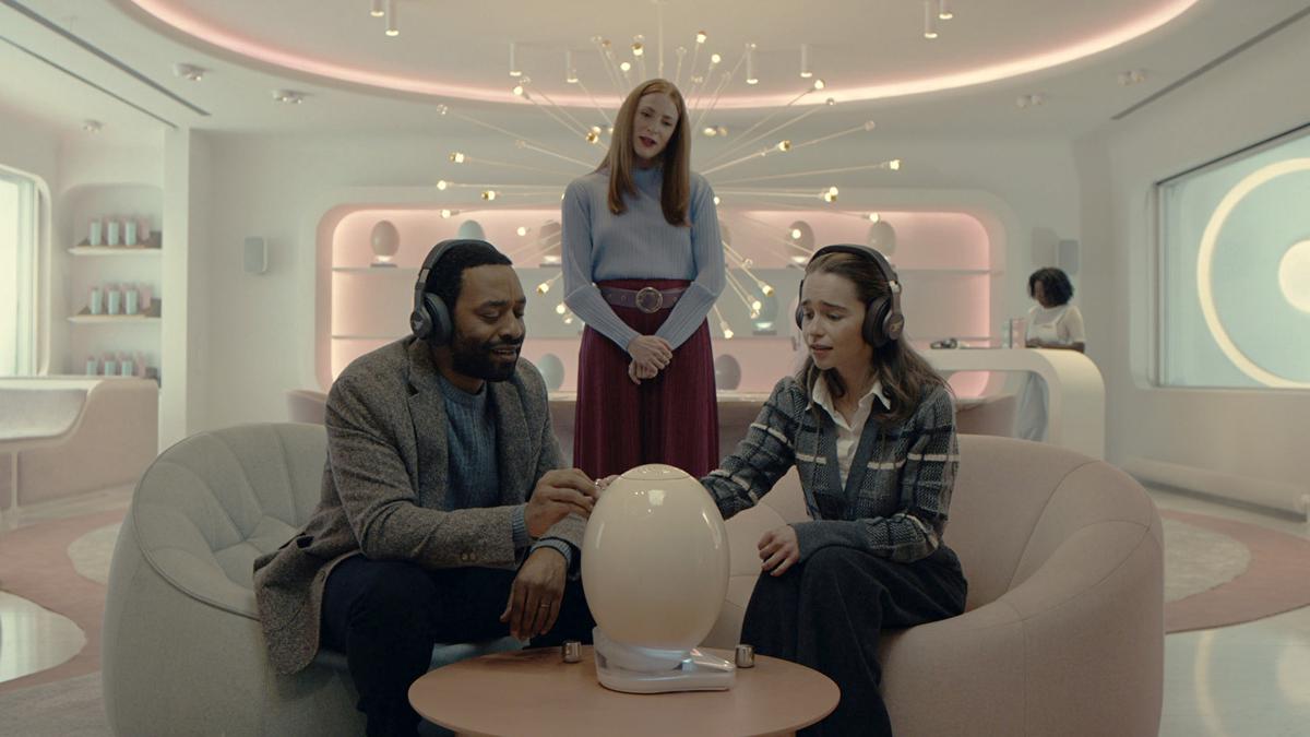 This image released by the Sundance Institute shows Chiwetal Ejiofor, from left, Rosalie Craig and Emilia Clarke appear in a scene from “The Pod Generation,” a film by Sophie Barthes, an official selection of the Premieres program at the 2023 Sundance Film Festival
