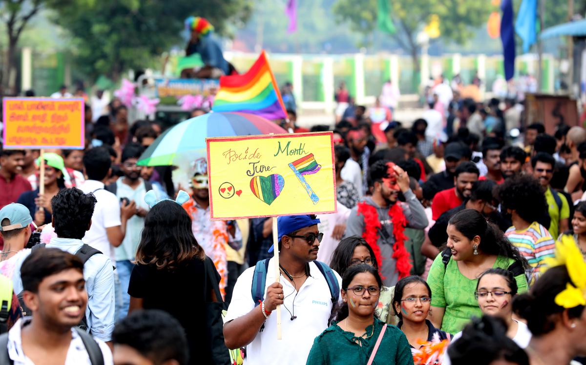 Chennai, Tamil Nadu, 25 June 2023: Pride March: Members and supporters of LGBTIQ+ celebrating pride month at  Langs Garden road, Egmorein Chennai on Sunday. Photo: Akhila Easwaran/ The Hindu