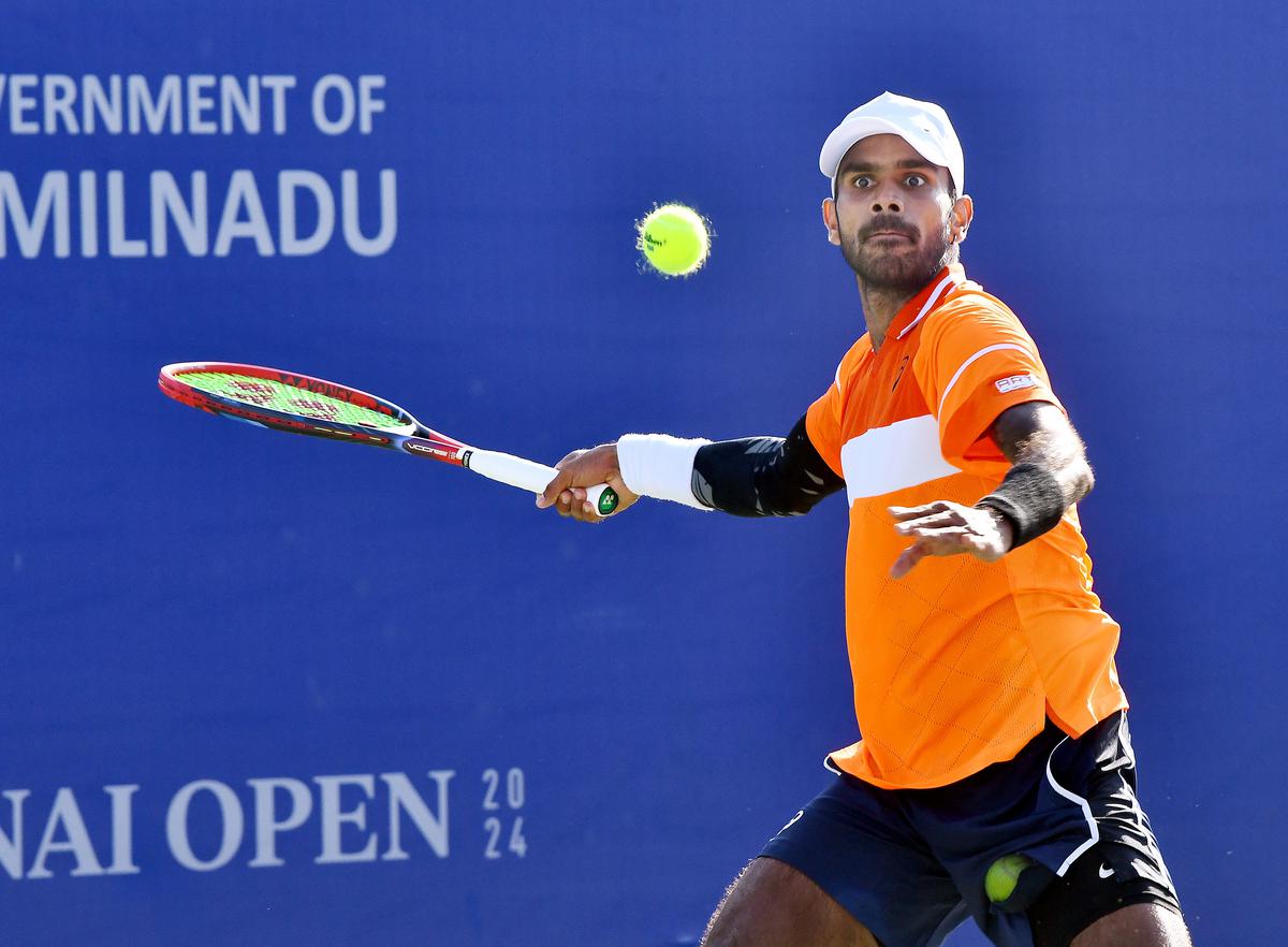 Sumit Nagal in action against Giovanni Fonio at the ATP Challenger Chennai Open tennis on Wednesday. 