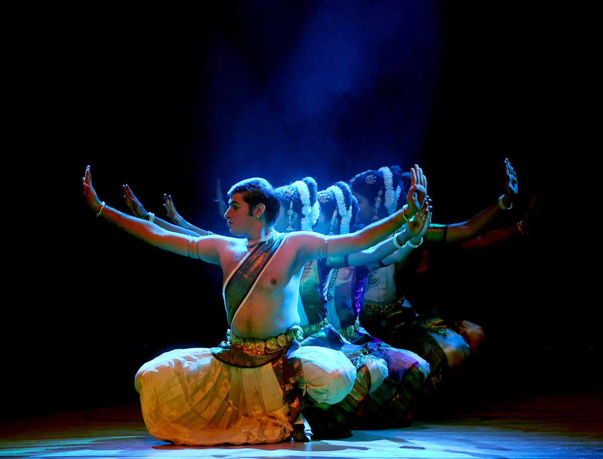 Students of Shivamohanam, Mosalikanti’s School of Kuchipudi, during a performance at The Music Academy’s Margazhi dance festival, in January 2023.  