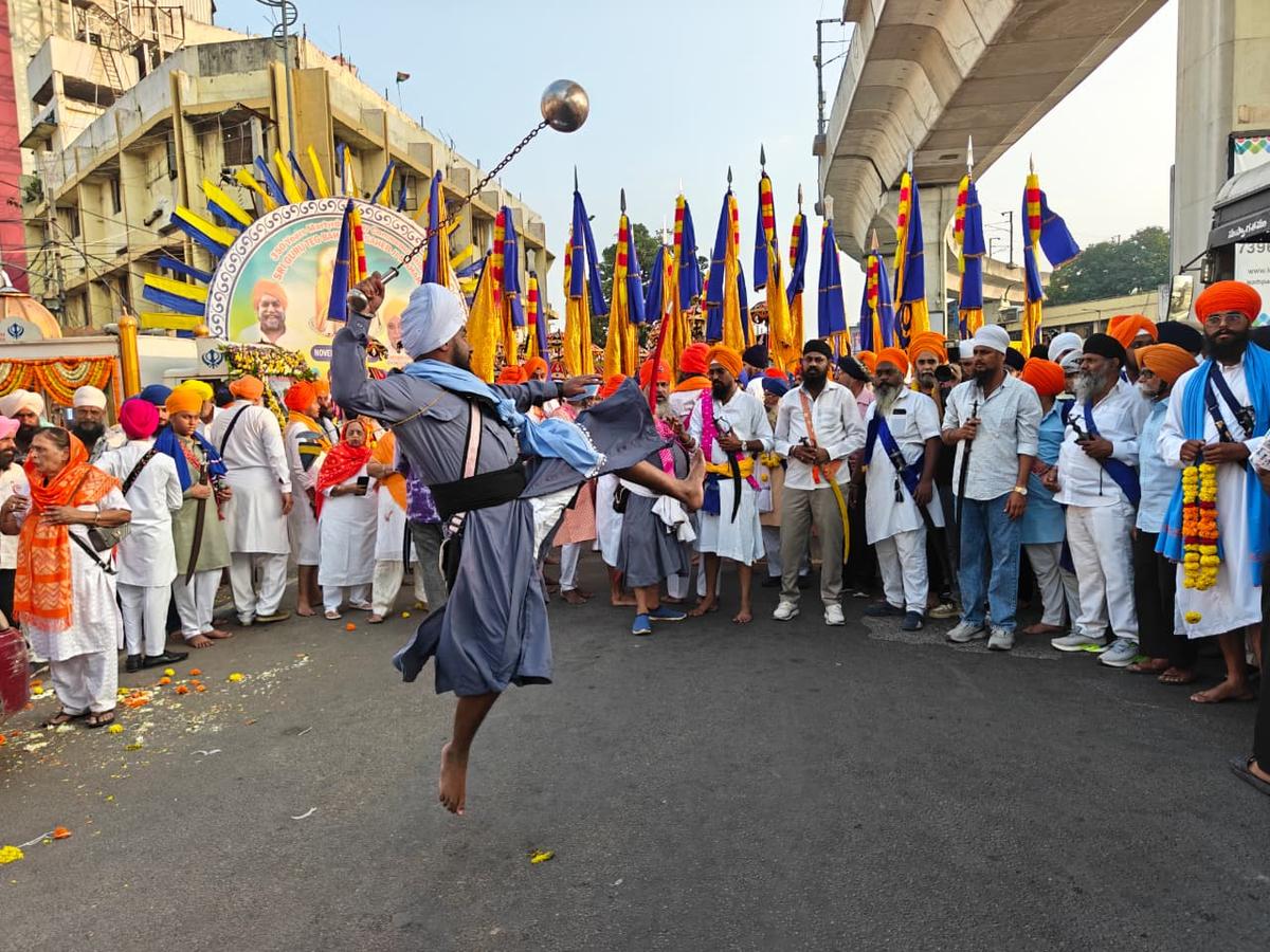Young performers from Dashmesh Kalgidhar Jatha and other groups performing the Sikh martial art Gatka during the religious procession carried out in Secunderabad as part of the commemoration of the 350th martyrdom anniversary of Guru Tegh Bahadur, the ninth Sikh guru, on Tuesday. Young performers from Dashmesh Kalgidhar Jatha and other groups performing the Sikh martial art Gatka during the religious procession carried out in Secunderabad as part of the commemoration of the 350th martyrdom anniversary of Guru Tegh Bahadur, the ninth Sikh guru, on Tuesday.