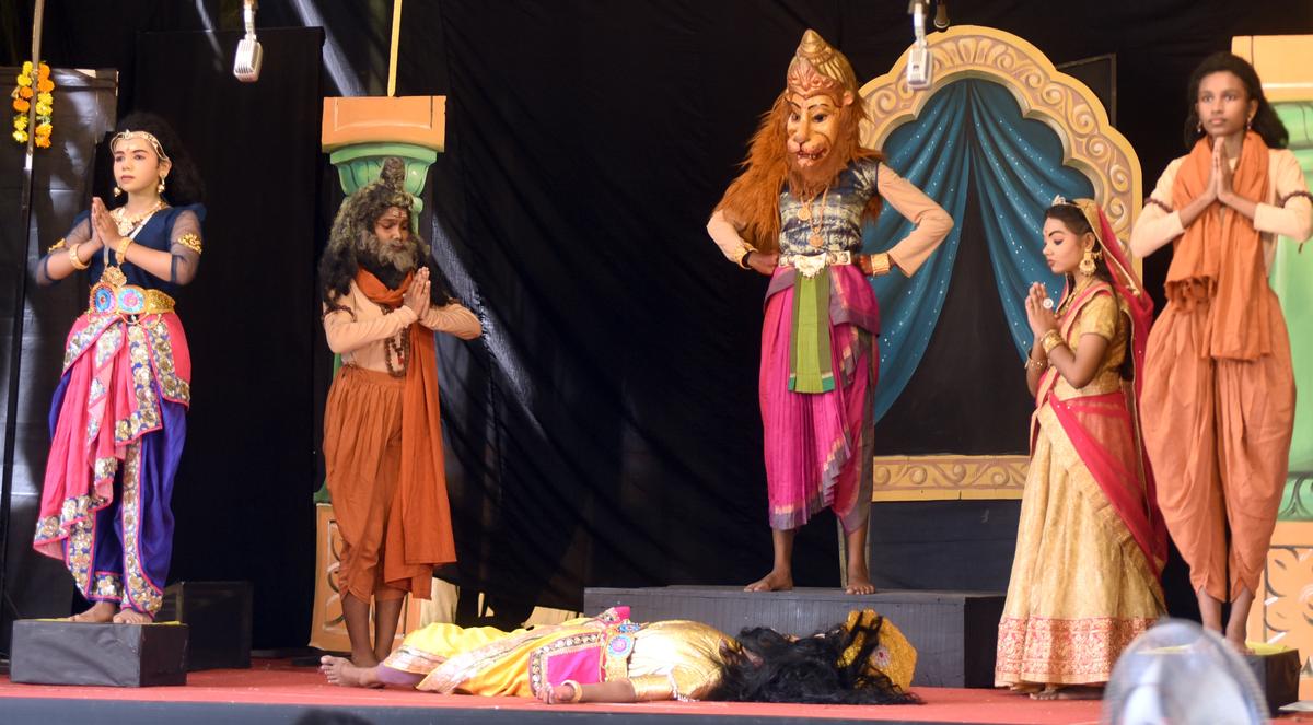 The team of CMC GHSS, Elathur, performing Prahlathacharitha at the Sanskrit Drama competition (HS).