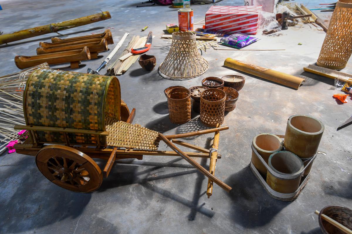 Bamboo art works on display during a training workshop at Eastern Ghats Biodiversity Centre in Visakhapatnam.