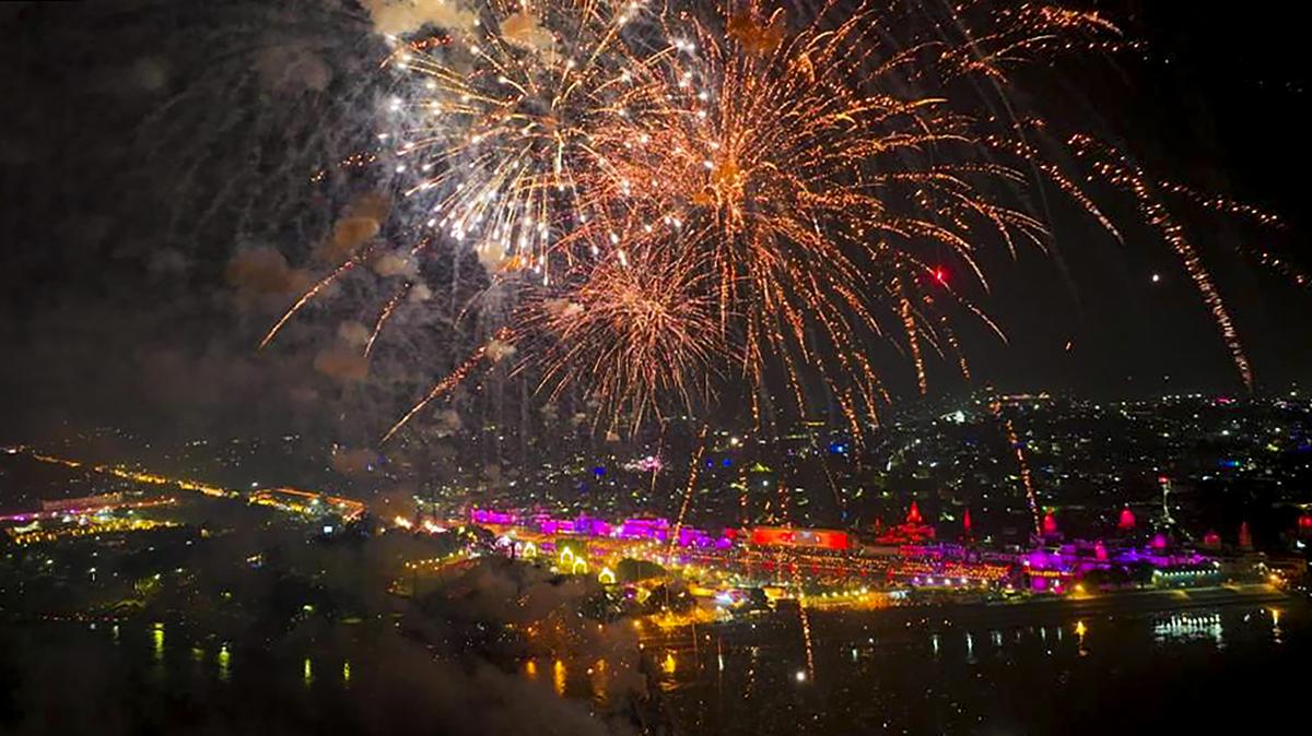 Fireworks illuminate Ram ki Pouri during deepotsav in Ayodhya on November 11, 2023. 