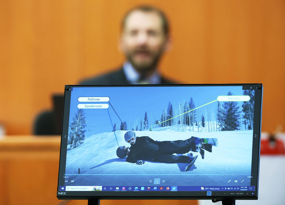 Dr. Irving Scher shows an accident simulation during the lawsuit trial of Terry Sanderson vs. Gwyneth Paltrow at the Park City District Courthouse in Park City on Tuesday, March 28, 2023.