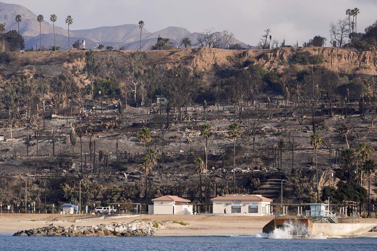 Properties damaged by the Palisades Fire are seen from a coastline perspective in the Pacific Palisades neighborhood of Los Angeles. File.