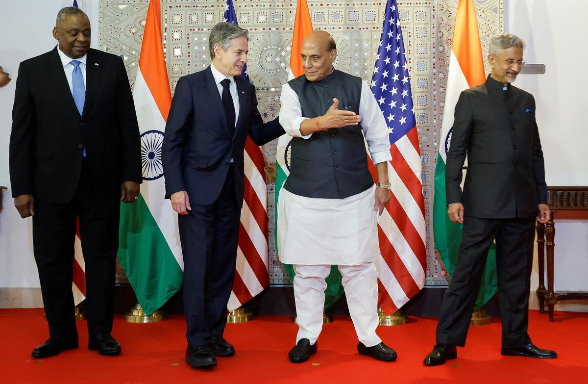 U.S. Secretary of State Antony Blinken, Defense Secretary Lloyd Austin, India’s Foreign Minister Subrahmanyam Jaishankar and Defense Minister Rajnath Singh leave after participating in a family photo as part of the so-called “2+2 Dialogue” at the Ministry of Foreign Affairs’ Sushma Swaraj Bhavan (SSB) in New Delhi, India, November 10, 2023. 