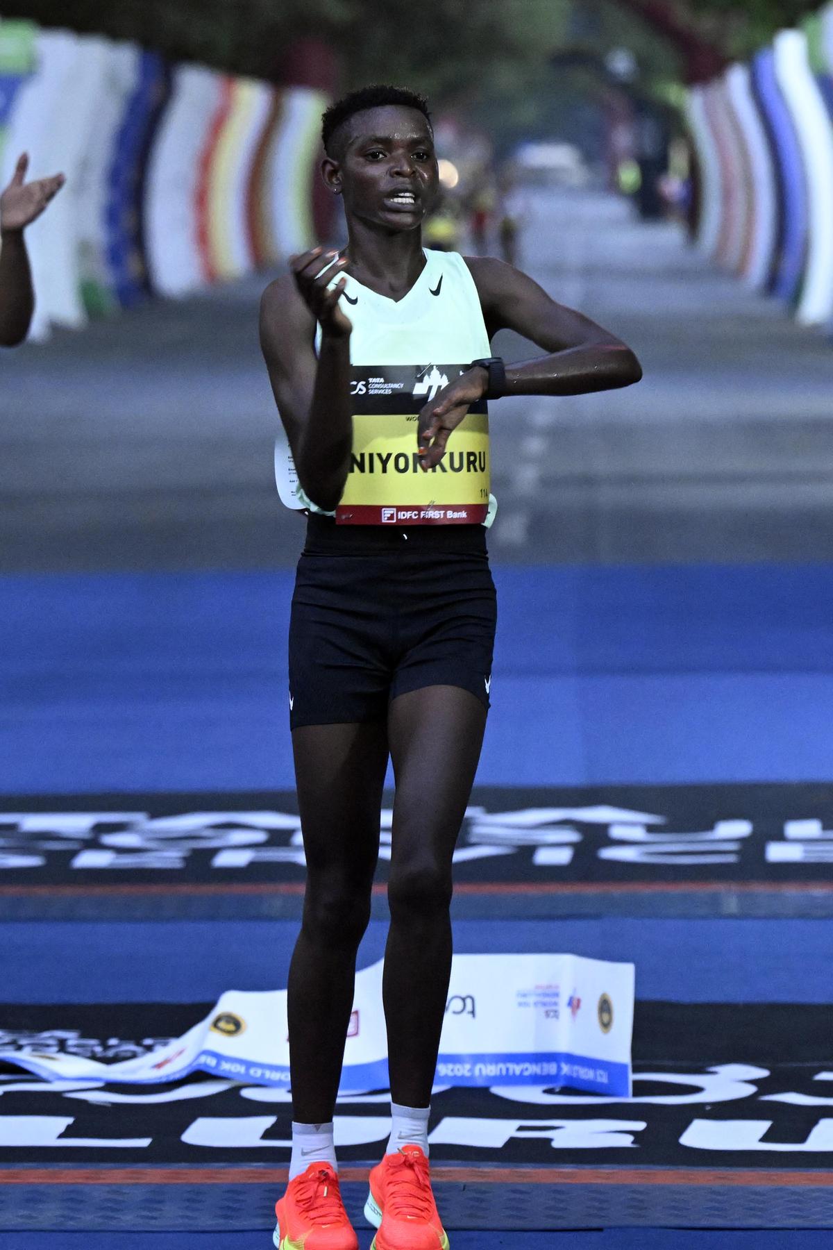 TCS World 10k elite women's winner Florence Niyonkuru in Bengaluru on Sunday, 26 April, 2026.