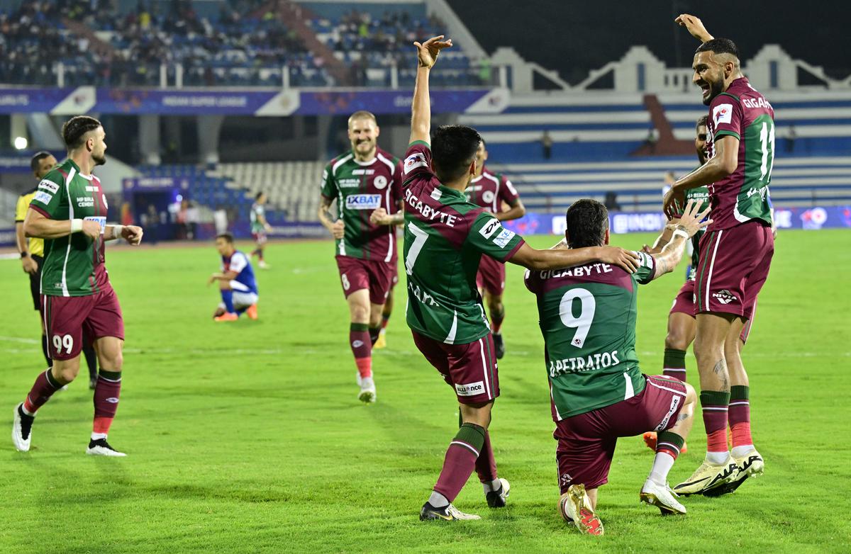 Mohun Bagan’s players in an ecstatic mood after beating Bengaluru FC during their Indian Super League match at the Sree Kanteerava Stadium, in Bengaluru, on April 11, 2024.