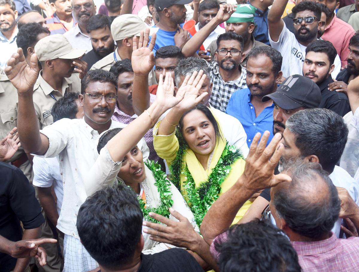 UDF candidates K.C. Shobhita (Malaparamba) and Soufiya (Vellayil) celebrating their victory in the Kozhikode Corporation polls on Saturday.