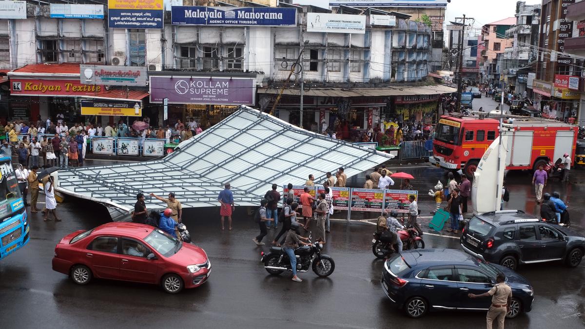 Massive roof sheet flies off building in strong winds, crashes onto busy road in Thrissur
