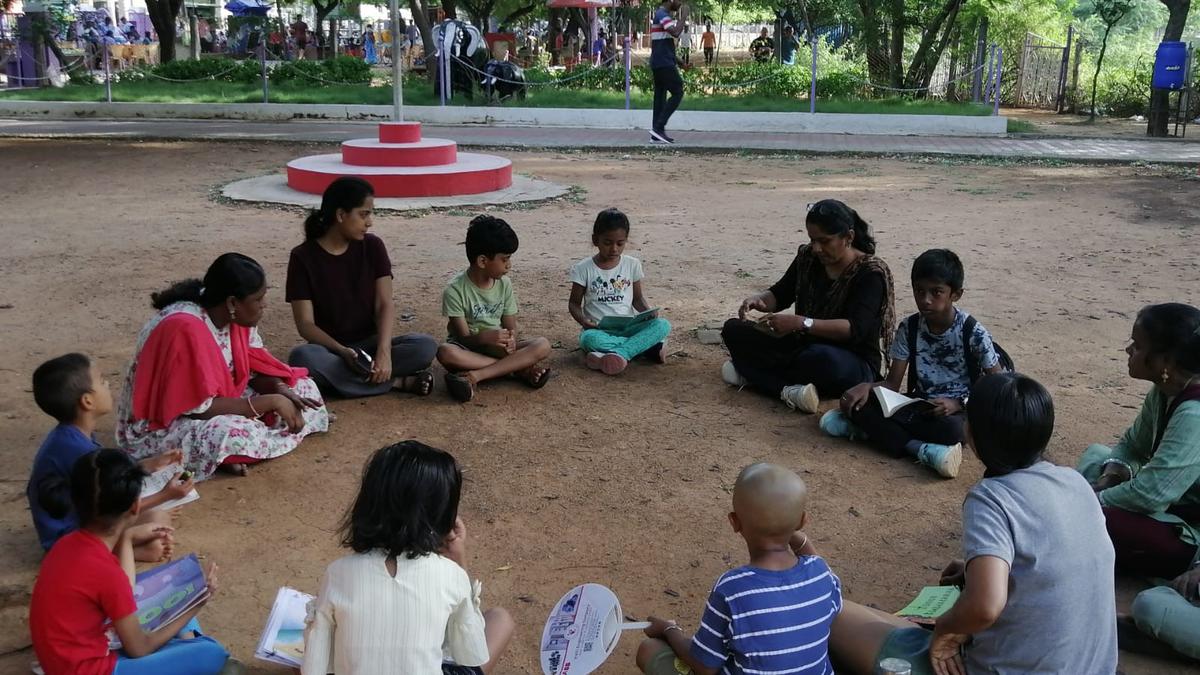 Sunday morning is story time for children at Sundaram Park