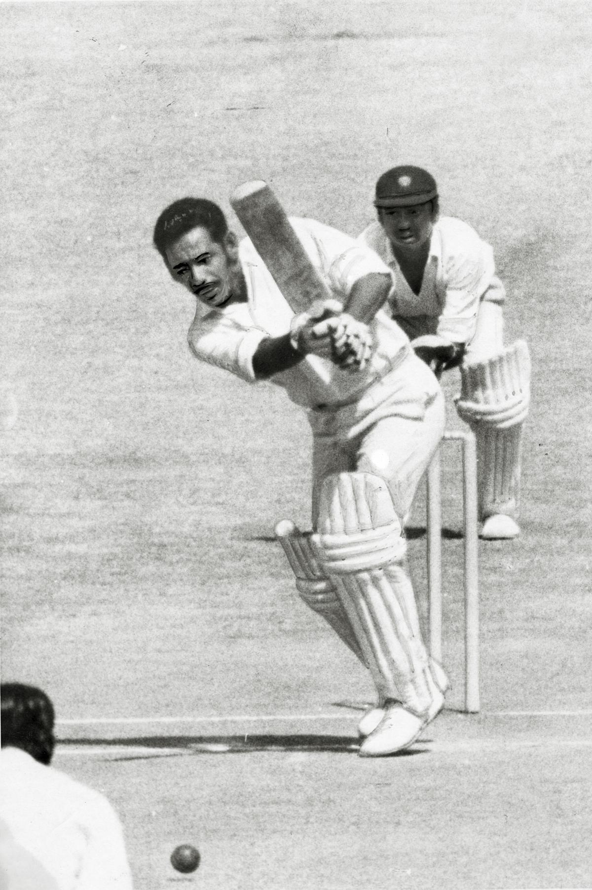 Abid Ali drives Vijayakumar in the first innings during the Ranji Trophy south zone league match between Karnataka and Hyderabad at Bangalore on December 02, 1973. 