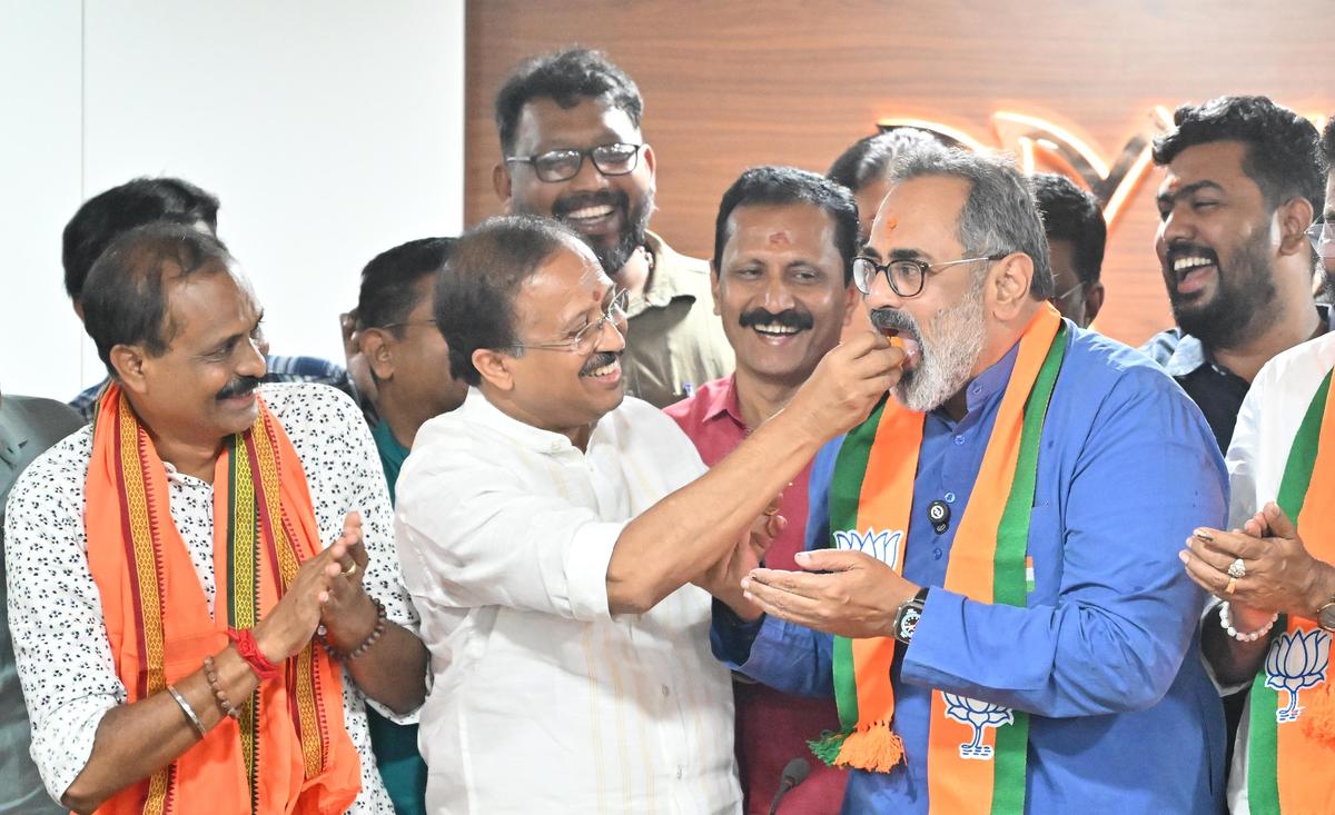 Party workers and candidates congratulating BJP State chief Rajeev Chandrasekhar at Mararji Bhavan following the NDA's victory in the Thiruvananthapuram Corporation election on Saturday.