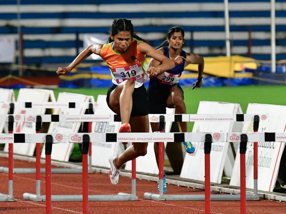 Jyothi Yarraji (319) of Railways, winning the Women’s 100m Hurdles, during the 61st National Open Athletics Championship 2022, at the Sree Kanteerva Stadium, in Bengaluru on October 17, 2022.  